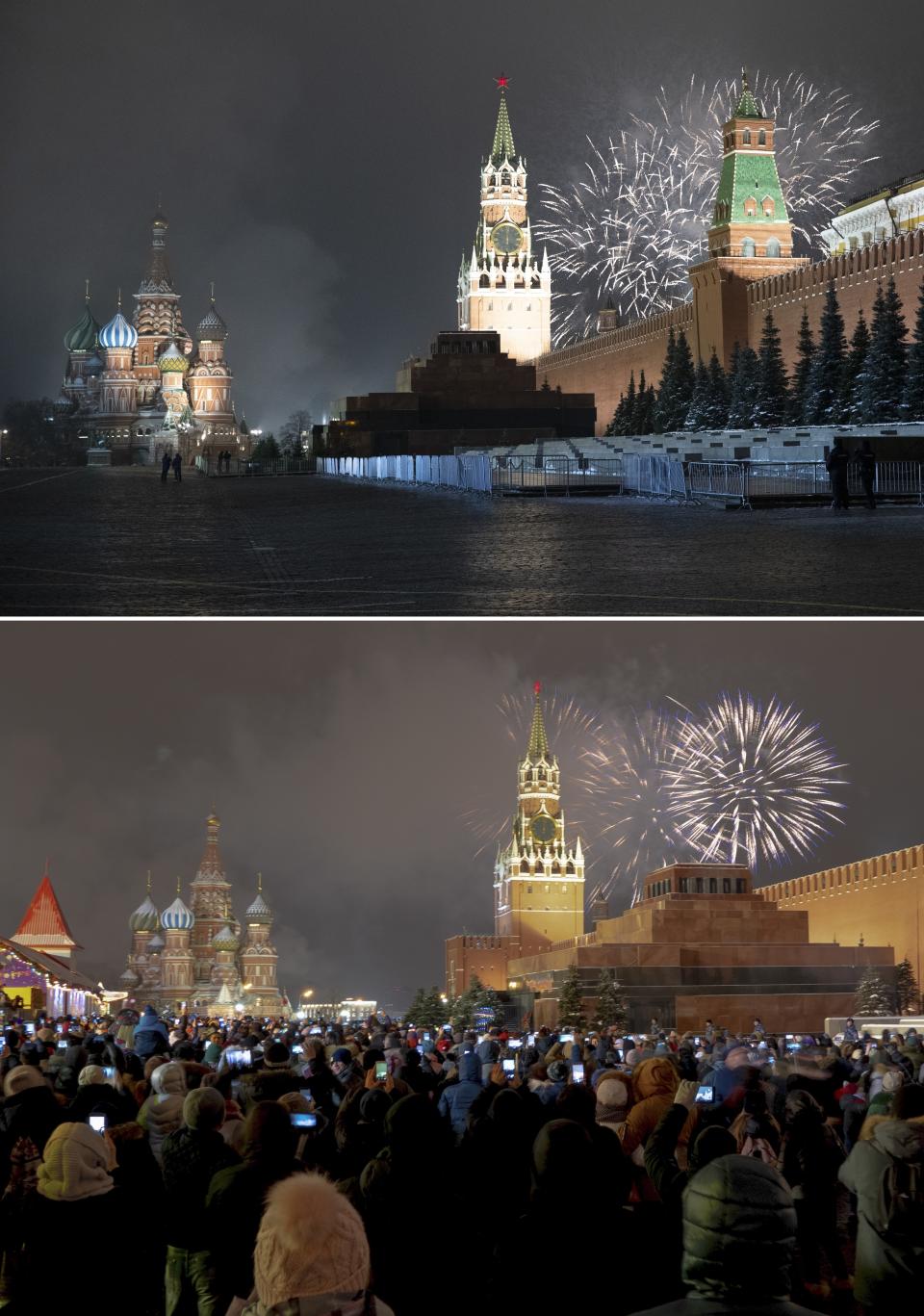This combo image shows at top fireworks exploding over the Kremlin and the Spasskaya Tower with St. Basil's Cathedral at left in an almost empty Red Square during New Year's celebrations in Moscow, Russia, Thursday, Dec. 31, 2020 and below, a file photo taken from the same angle during New Year's celebrations on Dec. 31, 2019. As the world says goodbye to 2020, there will be countdowns and live performances, but no massed jubilant crowds in traditional gathering spots like the Champs Elysees in Paris and New York City's Times Square this New Year's Eve. The virus that ruined 2020 has led to cancelations of most fireworks displays and public events in favor of made-for-TV-only moments in party spots like London and Rio de Janeiro. (AP Photo/Pavel Golovkin, Denis Tyrin)