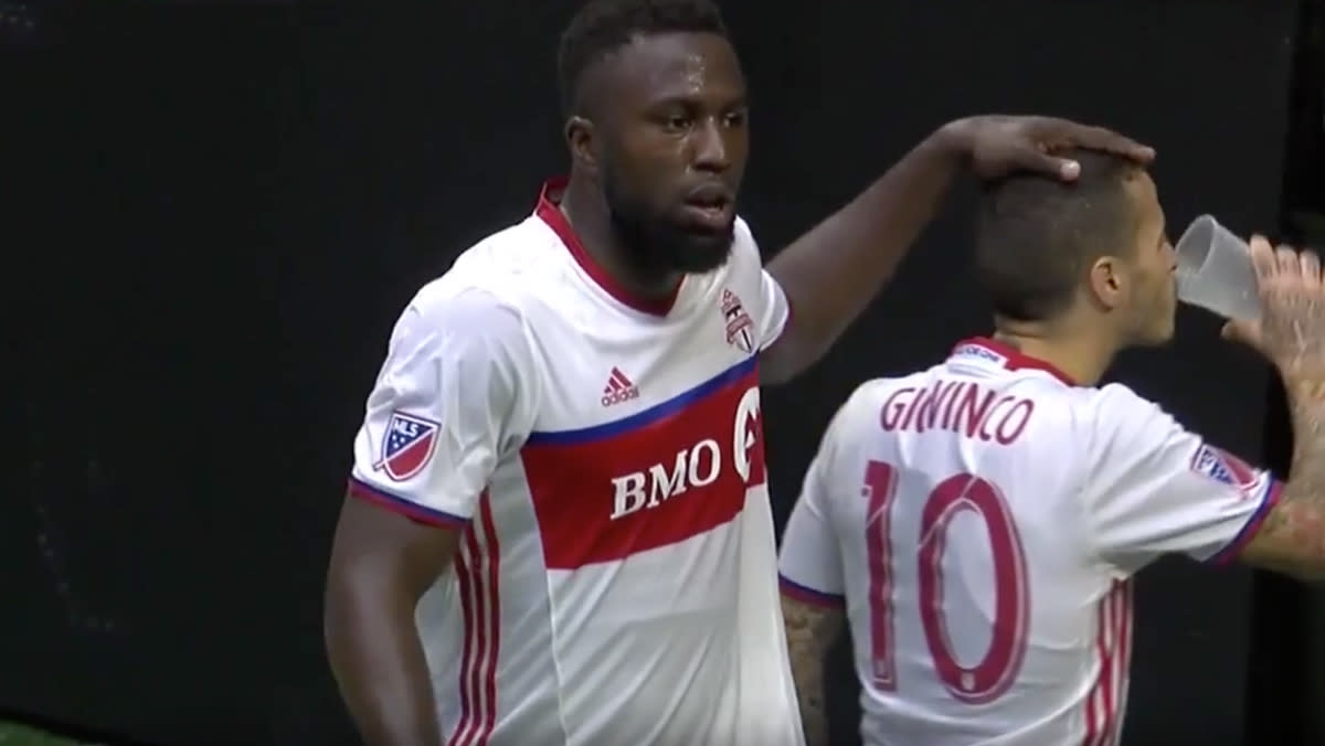 Toronto FC’s Sebastian Giovinco chugged a drink thrown at teammate Jozy Altidore on Sunday after the USMNT star scored against the homeside Atlanta United.