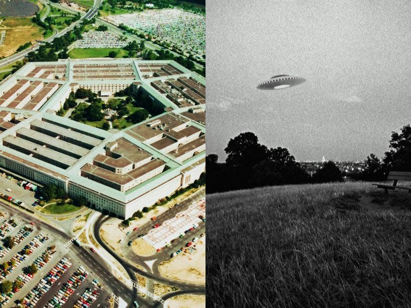 L: Das Pentagon, Washington DC, USA - Archivfoto; R: UFO im Flug über einem Stadtpark (Digital Composite) - Archivfoto - Copyright: Digital Vision./Ray Massey (Getty Images)