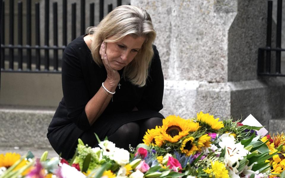 The Countess of Wessex looks at the floral tributes to the late Queen at Balmoral - Owen Humphreys/WPA Pool/Getty Images