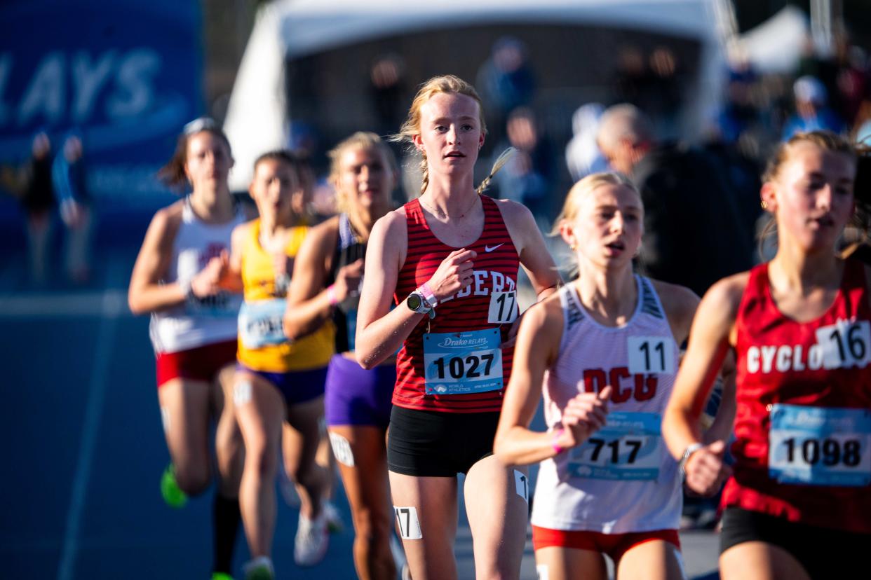 Gilbert's Emee Dani (17) runs the girls 3000 Thursday at the Drake Relays.