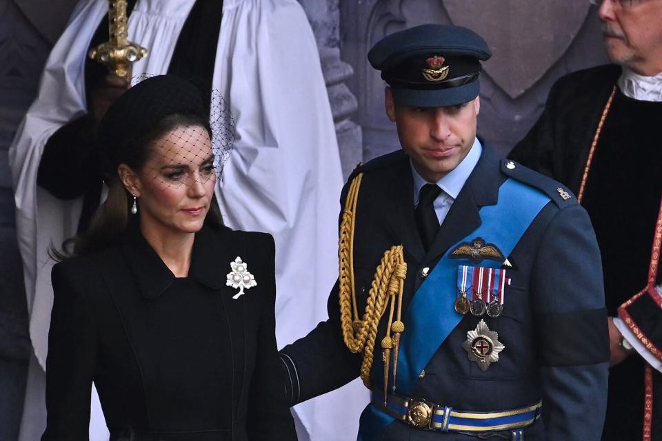 Catherine, Princess of Wales and Prince William, Prince of Wales leave after a service for the reception of Queen Elizabeth II's coffin at Westminster Hall, on September 14, 2022 in London, United Kingdom.