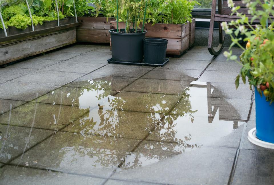 Water pools on hardscapes and other impervious surfaces.