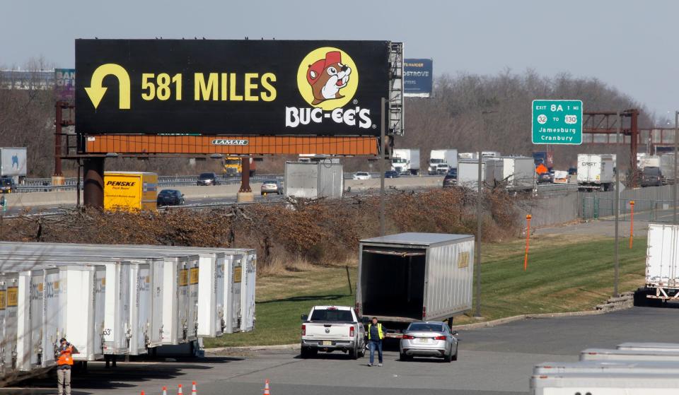 Buc-ee's, the Texas based convenience store chain, has put a billboard up on the New Jersey Turnpike northbound just before Exit 8A in South Brunswick and shown Tuesday, March 12, 2024. The sign encourages drivers to make a u-turn and stop at the Buc-ee's 581 miles south of there in Florence, SC.