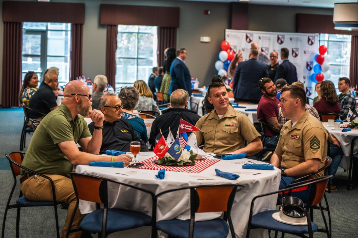 Active-duty military members and veterans connect at an appreciation luncheon at Evangel University in April 2023. The luncheon was part of the university’s first annual Veteran Valor Day.