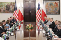 In this photo released by the Office of the President of Poland U.S. Speaker of the House Nancy Pelosi, 3rd from left, and Poland's President Andrzej Duda, 4th from right, meet for talks in Warsaw, Poland, Monday, May 2, 2022. (Marek Borawski/Office of the President of Poland)