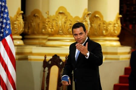 Guatemala's President Jimmy Morales gestures after a meeting with acting Secretary of U.S. Homeland Security, Kevin McAleenan, unseen in Guatemala City