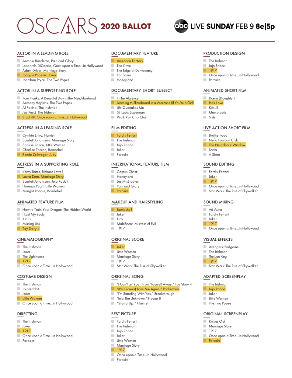 Oscars ballot 2020