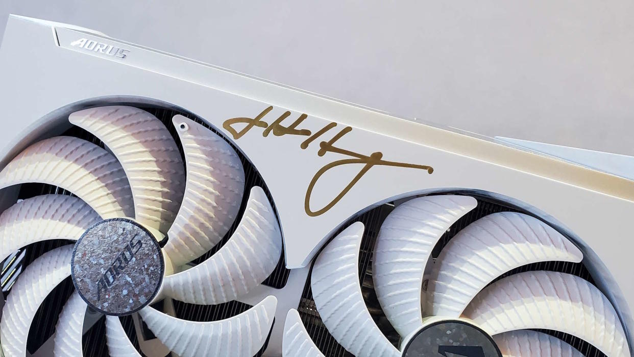  A photo of the signature of Nvidia's Jen-Hsun Huang on a Gigabyte graphics card, on display at Computex 2024. 