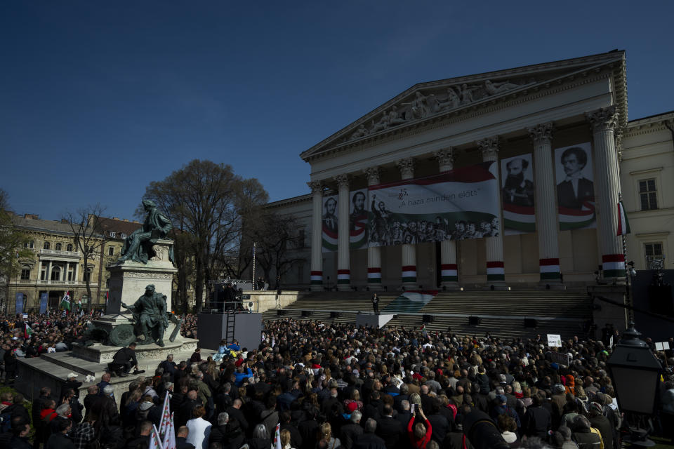 Hungarian Prime Minister Viktor Orban gives a speech on the steps of the National Museum in Budapest, Hungary, on Friday, March 15, 2024. Orban's speech, commemorating the 176th anniversary of Hungary's failed uprising against Habsburg rule, came as his government seeks to mitigate political damage from the resignation of its former president who stepped down in February over a pardon scandal. (AP Photo/Denes Erdos)