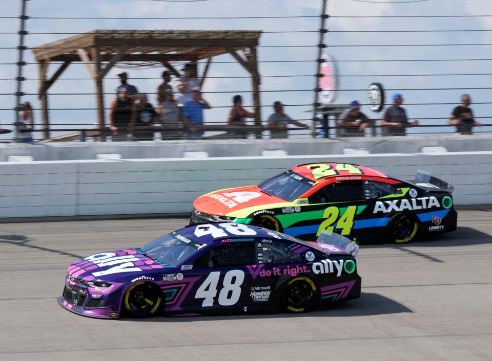 Aug 22, 2021; Brooklyn, Michigan, USA; NASCAR Cup Series driver Alex Bowman (48) and NASCAR Cup Series driver William Byron (24) during the FireKeepers Casino 400 at Michigan International Speedway. Mandatory Credit: Mike Dinovo-USA TODAY Sports