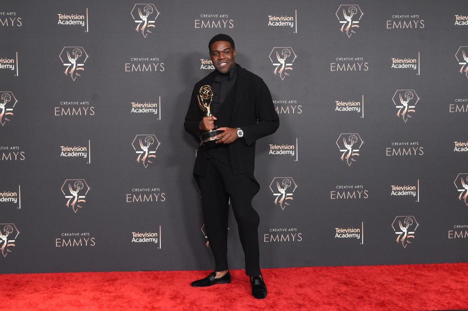 Sam Richardson poses in the press room with the award for outstanding guest actor in a comedy series for "Ted Lasso" during night one of the Creative Arts Emmy Awards on Saturday, Jan. 6, 2024, at the Peacock Theater in Los Angeles.