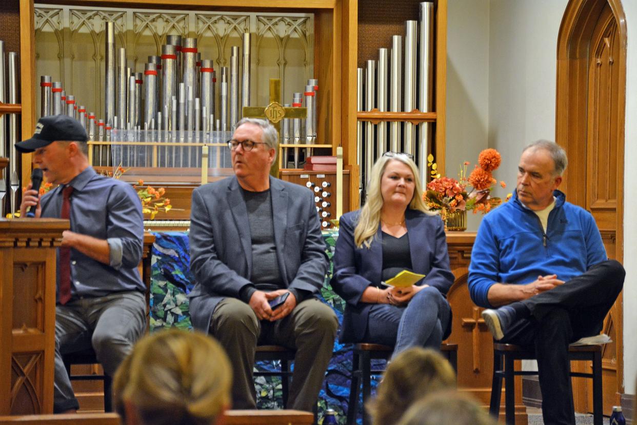 Missouri Rural Crisis Center Communications Director Tim Gibbons, retired University of Iowa water quality research engineer Chris Jones, Blue Missouri Executive Director Jess Piper and Livingston County farmer Dough Doughty participate in a panel Thursday on rural water quality at Missouri United Methodist Church in Columbia.