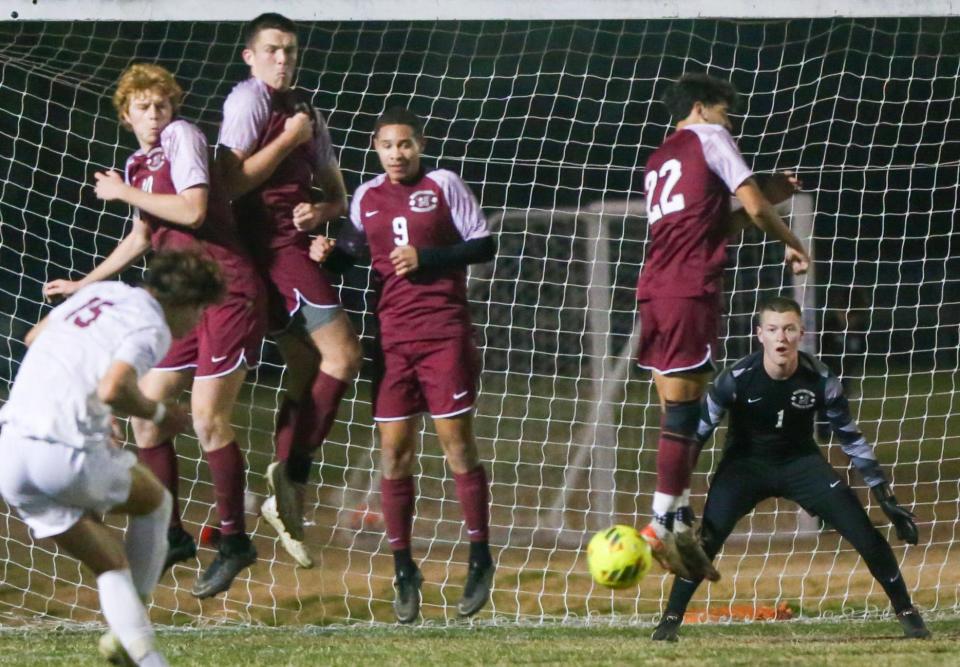 Niceville goal keeper Tanner Boxberger , right, watches the ball in a Chiles penalty kick during the Niceville Chiles boys soccer district championship match. Niceville won 1-0.