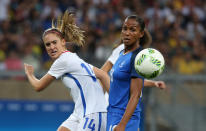 <p>United States’ Morgan Brian, left, fights for the ball with France’s Maire Laure Delie during a group G match of the women’s Olympic football tournament between United States and France at the Mineirao stadium in Belo Horizonte, Brazil, Saturday, Aug. 6, 2016. (AP Photo/Eugenio Savio) </p>