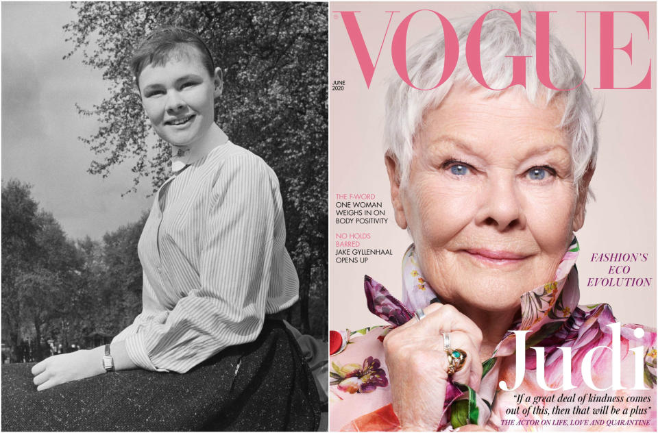 Vestida de Dolce & Gabbana y fotografiada por Nick Knight, así aparece Judi Dench en la histórica portada de junio de Vogue UK. En la imagen de la izquierda la vemos cuando tenía 22 años y estaba empezando su carrera como actriz. (Foto: Dobson / Getty Images / <a href="https://www.vogue.co.uk/news/article/judi-dench-vogue-interview" rel="nofollow noopener" target="_blank" data-ylk="slk:Vogue UK" class="link ">Vogue UK</a>)