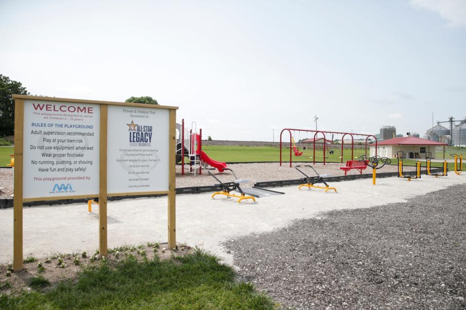 A look at the exercise equipment at the Abby and Libby Memorial Park, Thursday, July 15, 2021 in Delphi. A $50,000 grant from 2021 NBA All-Star grant donated fitness equipment at the park.