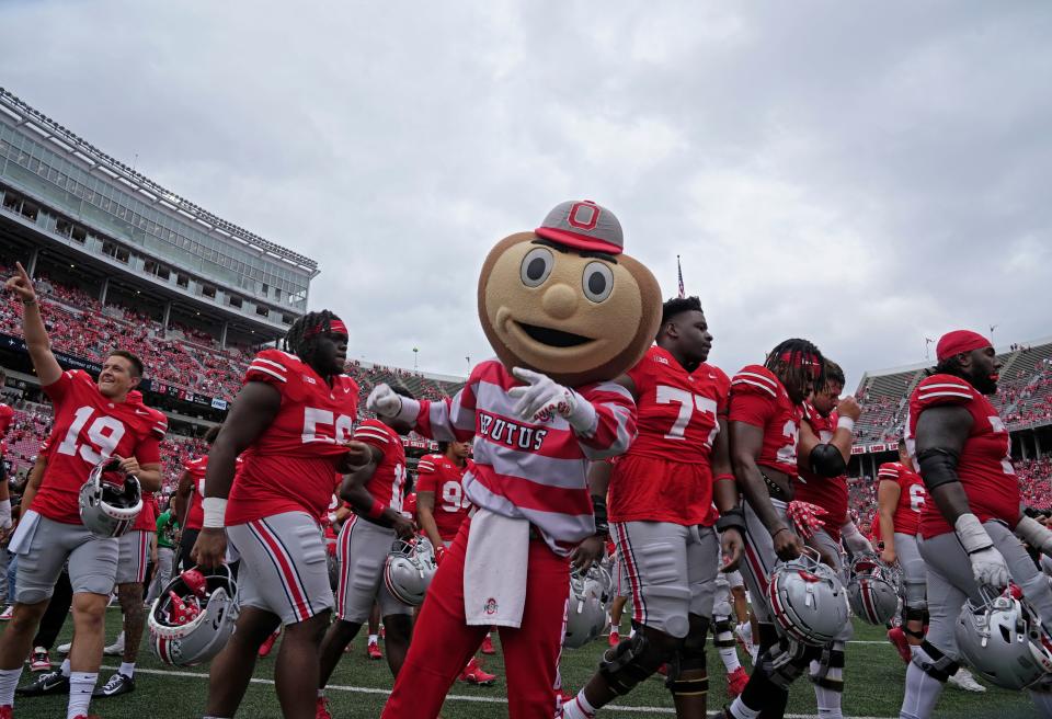 Sept. 9, 2023; Columbus, Oh., USA; 
Brutus Buckeye celebrates the Ohio State Buckeyes' 35-7 win over Youngstown State Penguins on Saturday at Ohio Stadium.