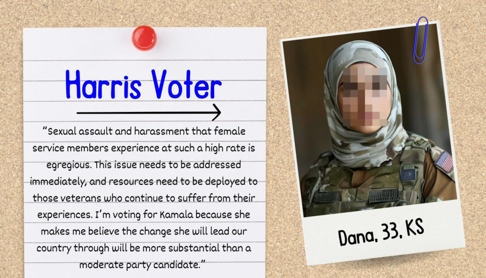 Harris voter Dana, 33, from KS, endorses Kamala Harris, stressing the need to address harassment faced by female service members and providing support for veterans