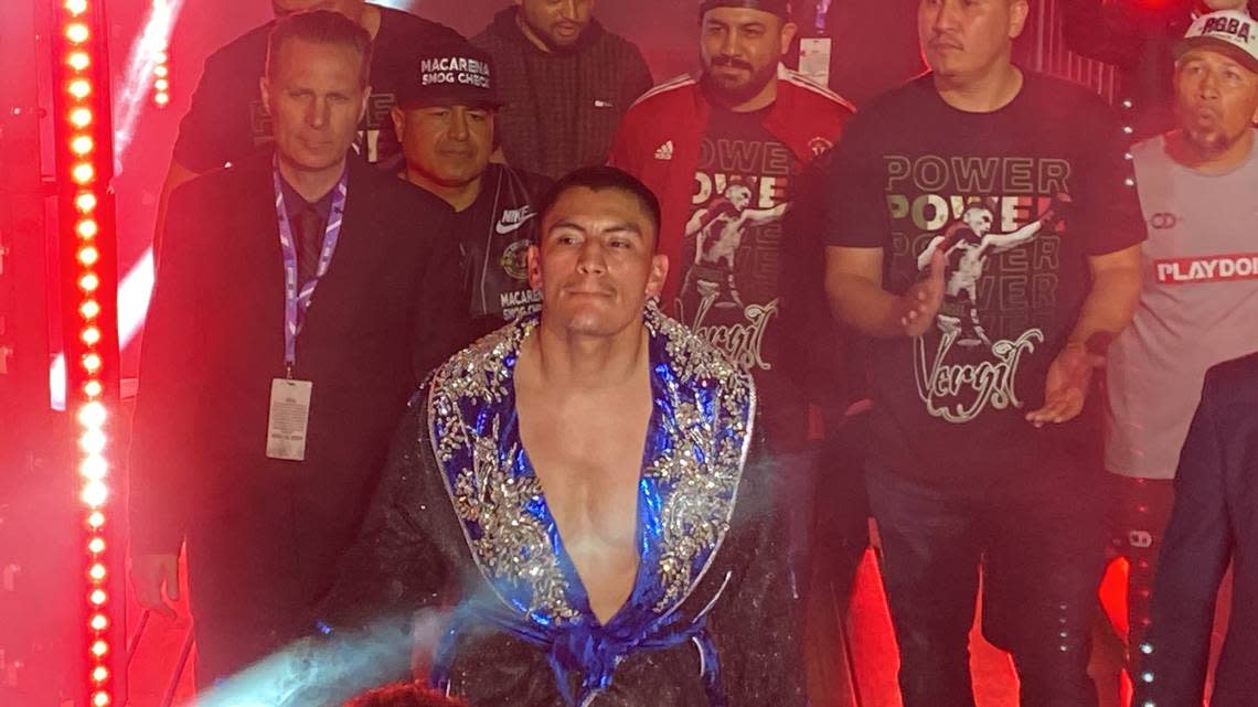 Vergil Ortiz Jr. ring walk at the Save Mart Center on Saturday, April 27, 2024. He won his 21st fight with a first round knockout to improve to 21-0.