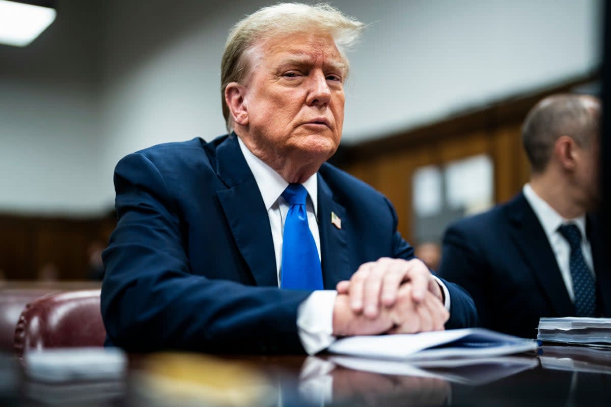 Former President Donald Trump sits in court on 18 April 2024 as his hush money trial progresses through jury selection. (Getty Images)