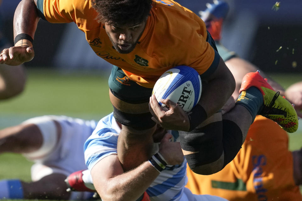 Australia's Rob Valetini is tackled by Argentina's Julian Montoya, during their Rugby Championship match at the Bicentenario stadium in San Juan, Argentina, Saturday, Aug. 13, 2022. (AP Photo/Natacha Pisarenko)