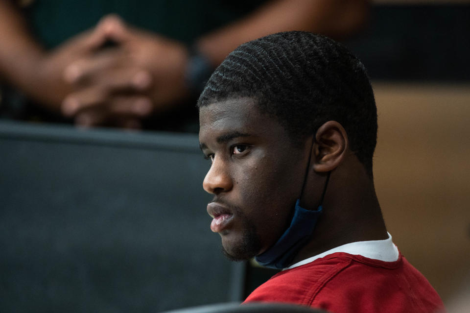 Xavier Lewis, who was found guilty of second-degree murder in a 2021 shooting in Boynton Beach, is seen during his sentencing hearing on Wednesday, March 1, 2023, in downtown West Palm Beach, FL.