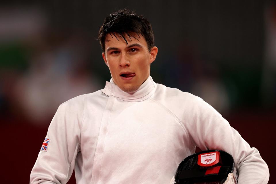 Joseph Choong of Team Great Britain looks on during the Fencing Ranked Round of the Men's Modern Pentathlon on day thirteen of the Tokyo 2020 Olympic Games at Musashino Forest Sport Plaza