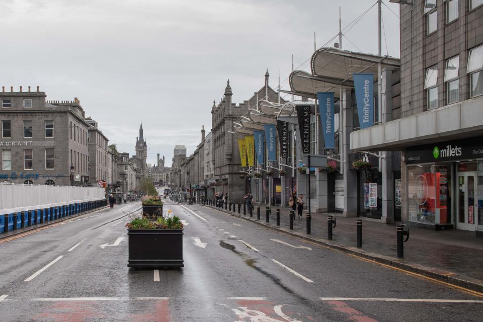 The streets are deserted in Aberdeen, eastern Scotland on August 5, 2020, following the announcement that a local lockdown has been imposed on the city after a spike in the number of cases of novel coronavirus COVID-19. - Scotland will reimpose lockdown restrictions in and around the city of Aberdeen after recording dozens of new coronavirus cases there this week, First Minister Nicola Sturgeon said today. (Photo by Michal Wachucik / POOL / AFP) (Photo by MICHAL WACHUCIK/POOL/AFP via Getty Images)