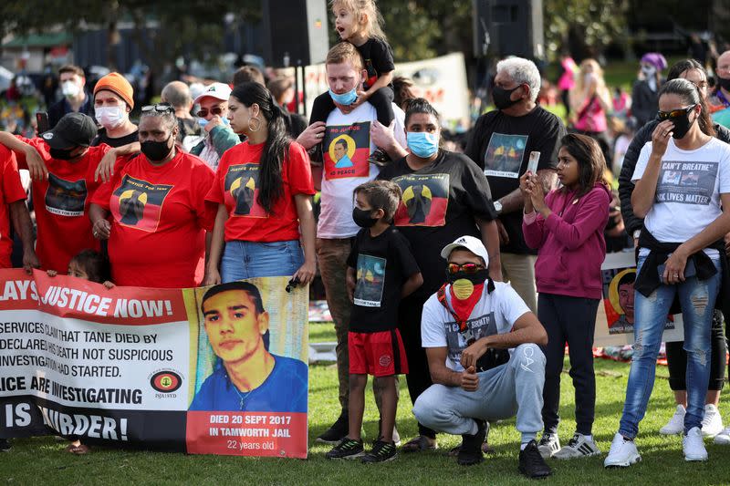 People demonstrate in solidarity with the Black Lives Matter (BLM) rallies in the United States, calling for an end to police brutality against Black people in the United States and First Nations people in Australia, in Sydney