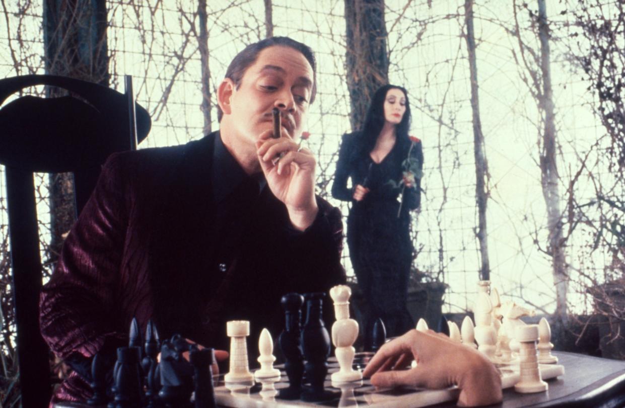 Gomez (Raul Julia) and Morticia (Anjelica Huston) have a picture-perfect marriage in The Addams Family (Photo: Melinda Sue Gordon / © Paramount Pictures / Courtesy Everett Collection)