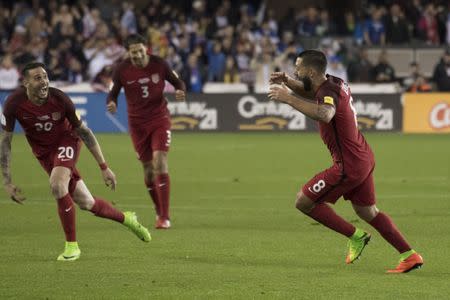 March 24, 2017; San Jose, CA, USA; United States forward Clint Dempsey (8) celebrates after scoring a hat trick against the Honduras during the second half of the Men's World Cup Soccer Qualifier at Avaya Stadium. The United States defeated Honduras 6-0. Mandatory Credit: Kyle Terada-USA TODAY Sports