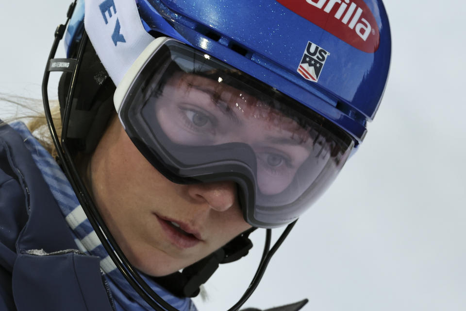 United States' Mikaela Shiffrin inspects the course prior to an alpine ski, women's World Cup slalom in Flachau, Austria, Tuesday, Jan.16, 2024. (AP Photo/Giovanni Auletta)