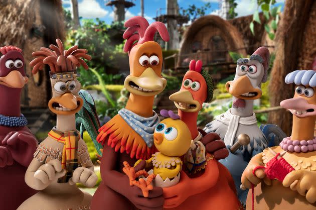 (L-R) Bunty (Imelda Staunton), Mac (Lynn Ferguson), Rocky (Zachary Levi), Molly (Bella Ramsey), Ginger (Thandiwe Newton), Fowler (David Bradley) and Babs (Jane Horrocks) in Chicken Run: Dawn of the Nugget