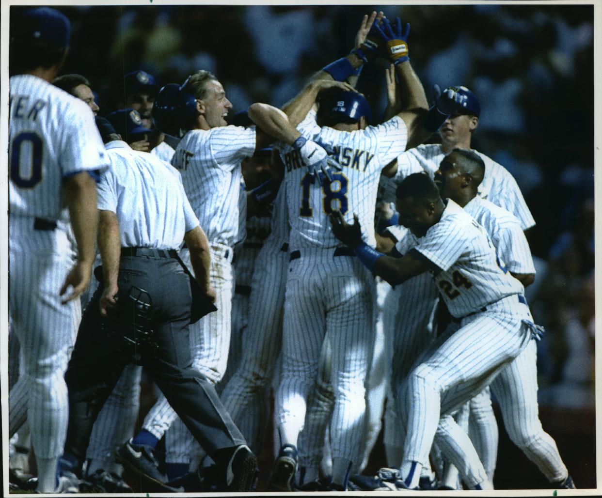 Tom Brunansky is the man of the moment after his two-run homer with two out in the ninth, which lifted the Brewers past Boston on July 26, 1993.