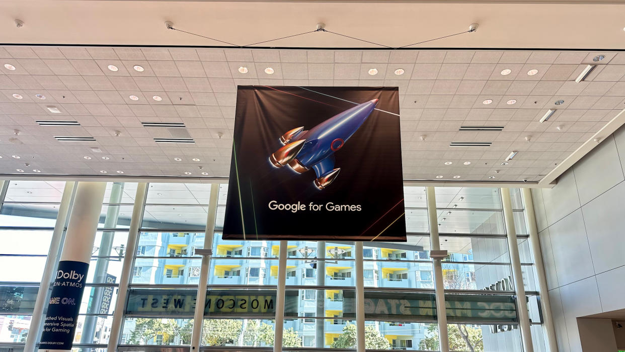  A Google for Games banner hanging from the ceiling of Moscone West in San Francisco at GDC 2024. 