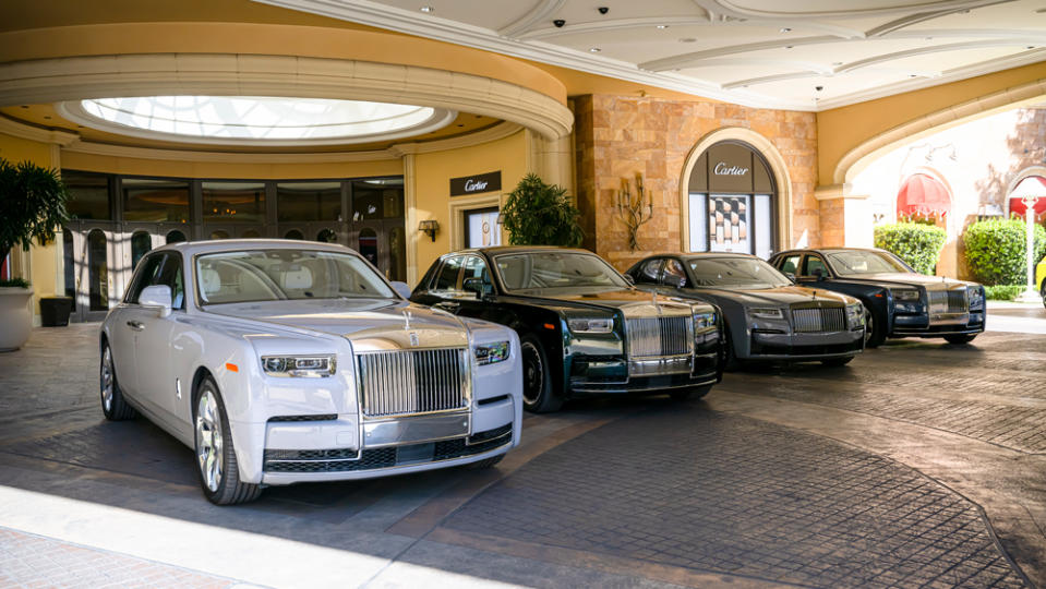 Four examples of the new Rolls-Royce Phantom Series II accent the entrance of the Wynn Las Vegas Tower Suites.