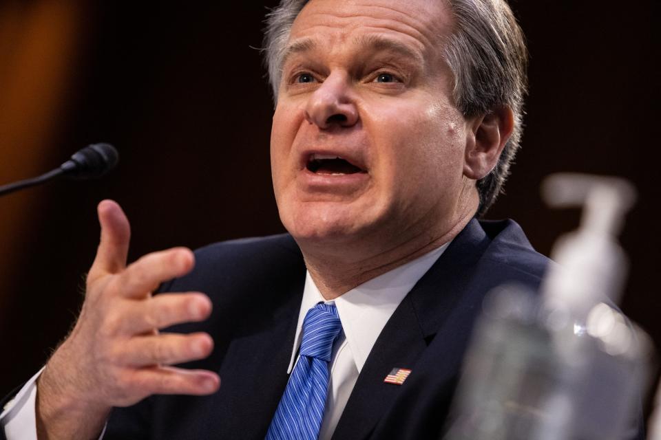 FBI Director Christopher Wray testifies before the Senate Judiciary Committee on Tuesday.