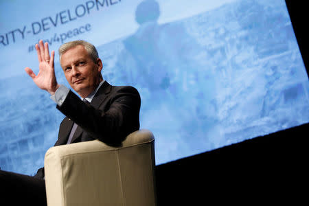 French Minister for the Economy and Finance Bruno Le Maire speaks at panel on the security-development nexus during IMF spring meetings in Washington, U.S., April 20, 2018. REUTERS/Aaron P. Bernstein