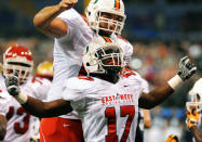 ST. PETERSBURG, FL - JANUARY 21: Wide receiver LaRon Byrd #17 of the Miami Hurricanes celebrates a touchdown catch with center Tyler Horn #65 during the 87th annual East-West Shrine game January 21, 2012 at Tropicana Field in St. Petersburg, Florida. (Photo by Al Messerschmidt/Getty Images)