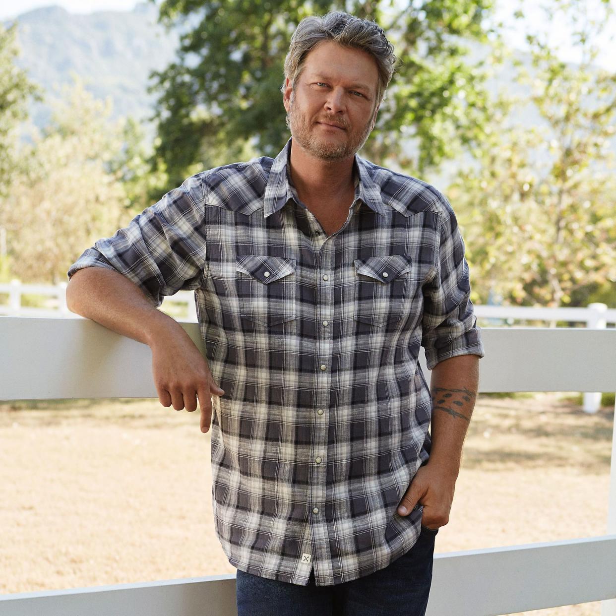 Blake Shelton modeling a button-up shirt from his Lands' End collection