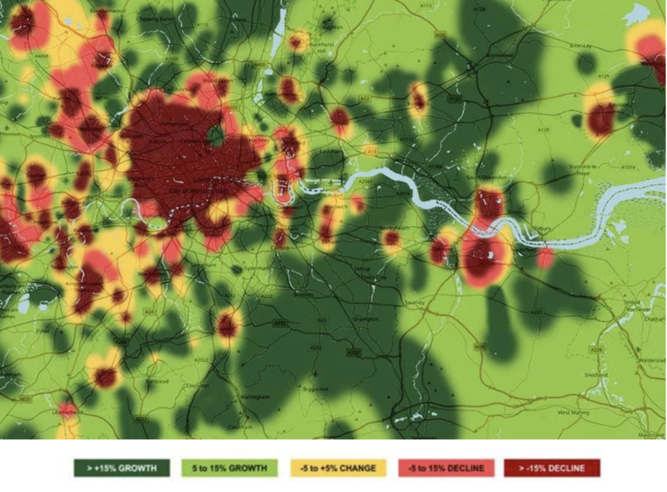 Nielsen grocery data shows red and orange central areas where sales are falling and green suburban and rural areas of growth. Map: Nielsen