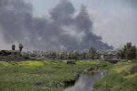 A smoke rises above Al-Nuri mosque in the old city as Iraqi forces fight Islamic State militants in Mosul, Iraq, April 17, 2017. REUTERS/Marko Djurica