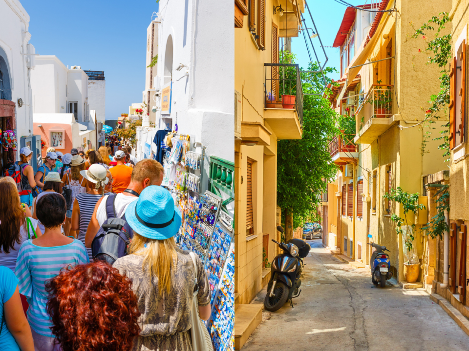 A crowded street in Santorini, Greece (Left) and a quiet street in Aegina, Greece (Right).