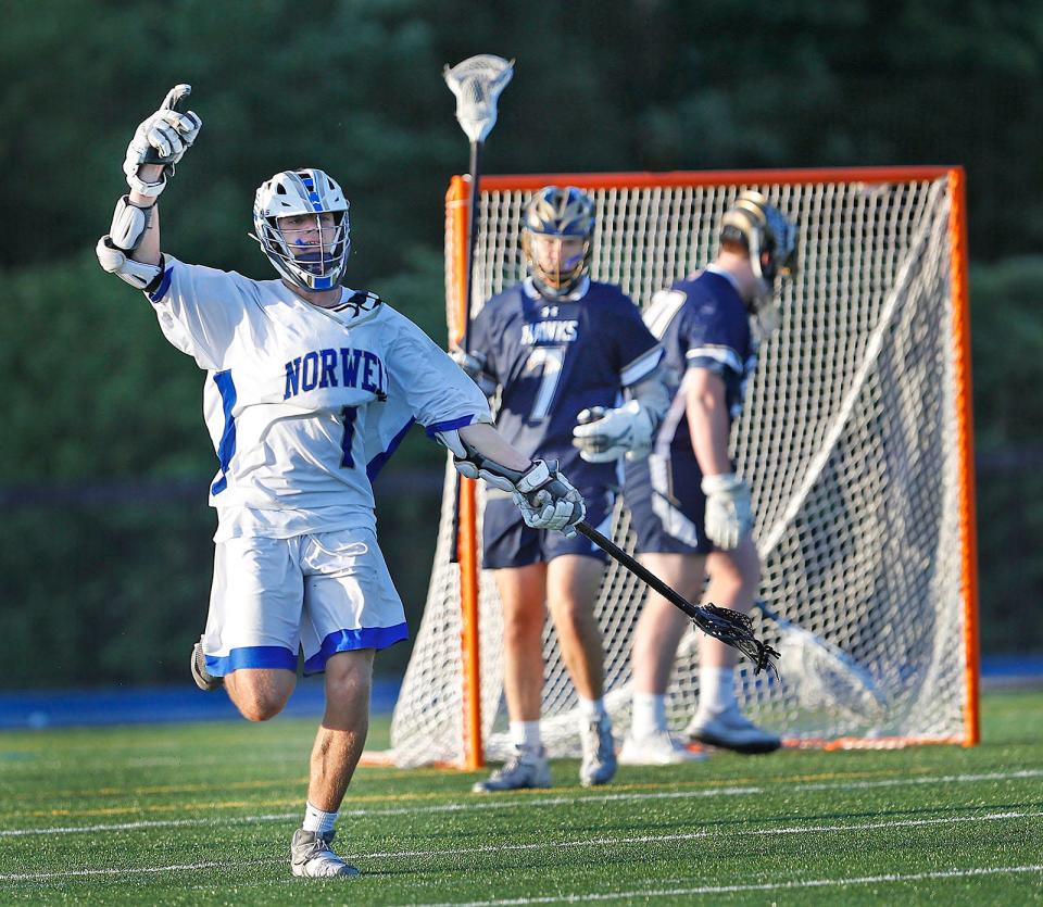Norwell attacker Griffin Vetrano comes away from the Hanover net after scoring in the MIAA Division 3 semifinals on Friday, June 17, 2022.