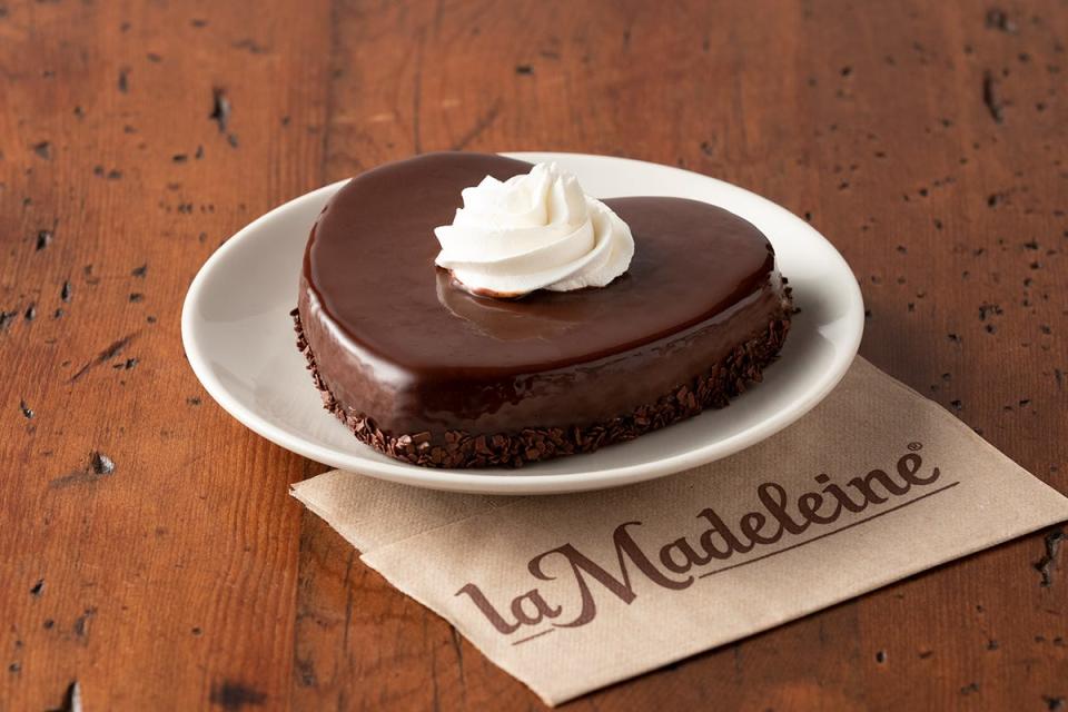 La Madeleine restaurants has heart-shaped cheesecakes with a chocolate ganache available for Valentine's Day celebrations.
