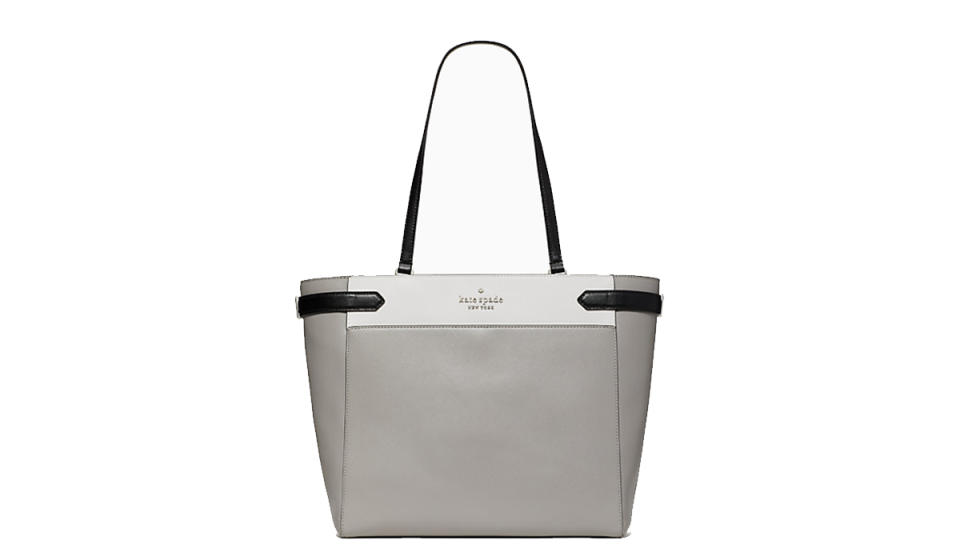 Gray leather tote with black handle