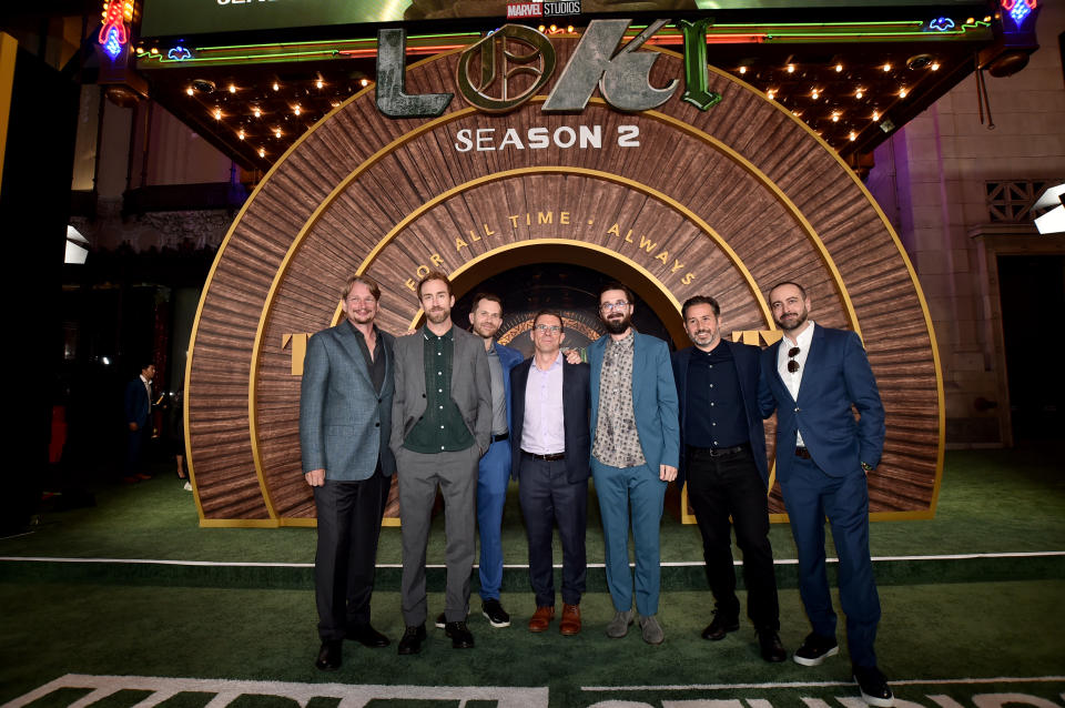 LOS ANGELES, CALIFORNIA - OCTOBER 02: (L-R) Dan DeLeeuw, Justin Benson, Aaron Moorhead, Eric Martin, Kevin R. Wright, Kasra Farahani and Brad Winderbaum, Executive, Television, Streaming, Animation, Marvel Feature Film Production attend the LOKI Season 2 Launch Event – Los Angeles at El Capitan Theatre in Hollywood, California on October 02, 2023. (Photo by Alberto E. Rodriguez/Getty Images for Disney)