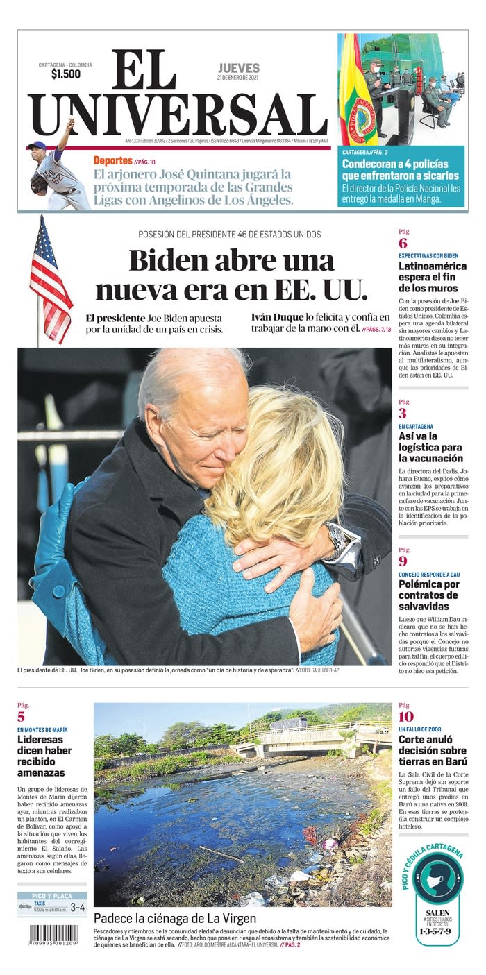 January 21, 2021 front page of El Universal