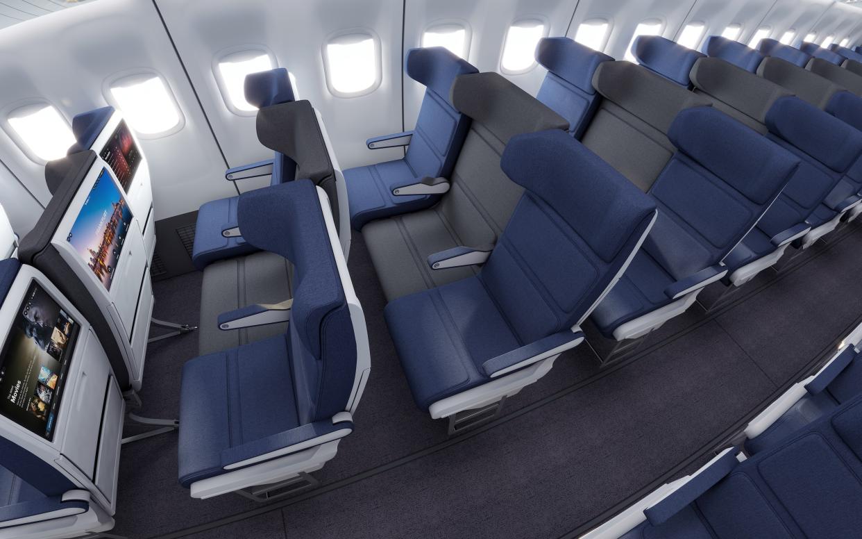 FAA approved: the configuration slots the middle seat a few inches behind and below its neighbours - Molon Labe Designs